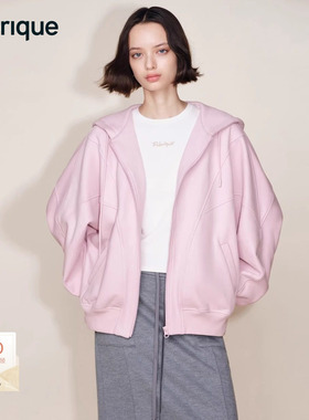 Fabrique ESSENTIAL淡粉紫色纯棉连帽加绒外套卫衣女2025年新款