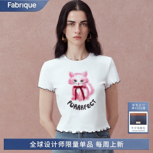 棉T恤2025年夏设计感短袖 Fabrique手绘小猫蝴蝶结短款 小上衣女