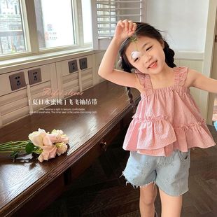 韩版 夏季 新品 上衣潮 甜美娃娃衫 飞袖 纯棉女童吊带衫 格子中小童