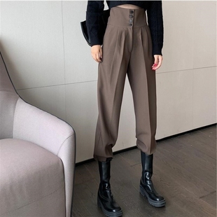 高腰排扣寬松束腳褲 子休閑工裝 女春秋2025新款 長褲 復(fù)古韓版 哈倫褲