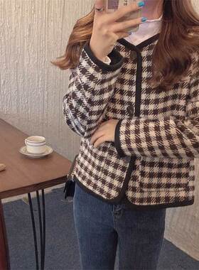 韩版秋冬季加棉新款宽松百搭粗花呢千鸟格短款上衣潮小香风外套女