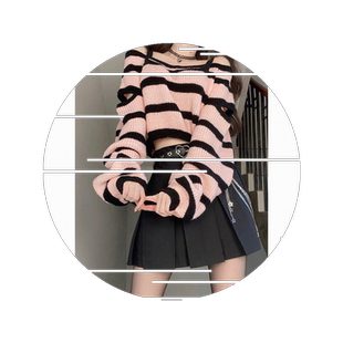 性感辣妹吊带露肩毛衣女秋季新款韩版复古条纹撞色长袖短款针织衫