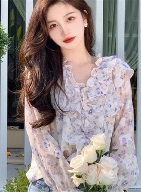 紫色碎花衬衫法式女2026春秋季设计感小众小个子港风复古别致雪纺