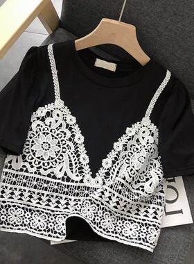 短袖t恤女装2026年新款夏装网红假两件蕾丝拼接超火短款上衣潮款