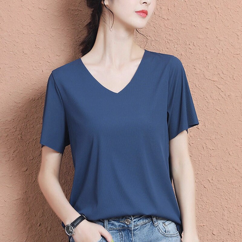 夏季新款冰丝短袖t恤春纯色女无痕薄款潮v领体恤韩版白色宽松上衣