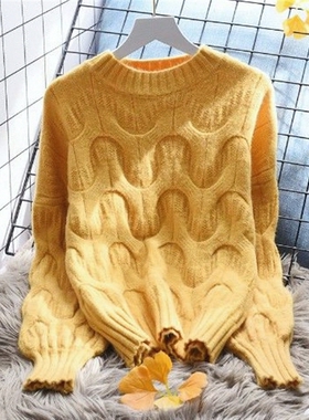 紫色麻花圆领套头毛衣女韩版宽松2026新款秋冬款加厚洋气针织上衣