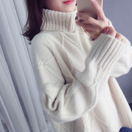 宽松新款女慵懒风套头不加绒冬季打底衫加厚高领外穿针织加绒毛衣