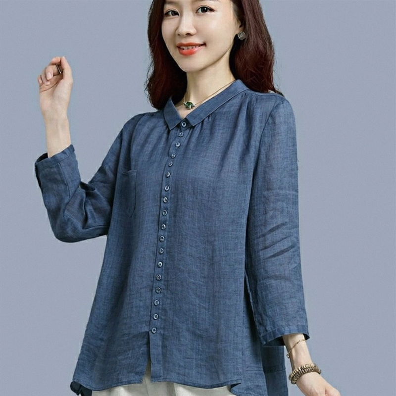 2023春夏季新款苎麻衬衫女薄款娃娃领宽松棉麻上衣九分袖刺绣衬衣