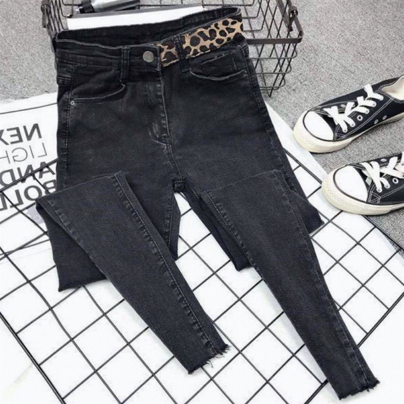 新款高腰款显瘦铅笔紧身小脚裤加绒豹纹弹力黑色牛仔裤女2025秋冬