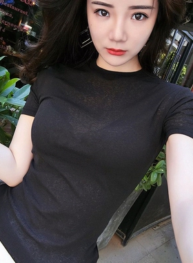 黑色冰丝女微透半袖简约T恤打底衫上衣夏季短袖薄款修身紧身新款