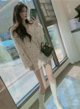 春秋季高档亮片上衣中长款洋气亮晶晶女宽松慵懒风毛毛针织羽毛衣