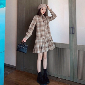 春秋季女复古港味中长款毛呢百褶衬衫裙子2026韩版显瘦格子连衣裙