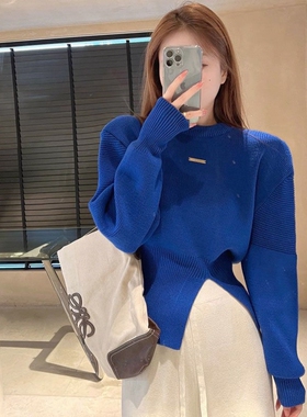 纯色套头毛衣女2026春秋新款韩版内搭针织衫设计感开叉收腰打底衫