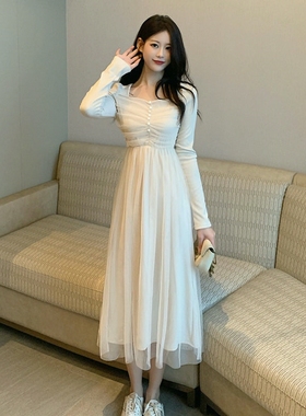 2025新款秋冬韩版法式小众方领收腰显瘦网纱中长款长袖仙女连衣裙