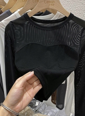 洋气黑色早春秋新款网纱长袖蕾丝衫打底内搭法式雪纺衬衫上衣女装