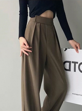 女小个子高腰垂感休闲宽松拖地西装直筒黑灰色裤子冬春秋季阔腿裤