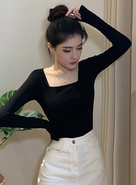 2026年百搭长袖t恤上衣黑色方领加绒打底衫女秋冬季洋气内搭低领