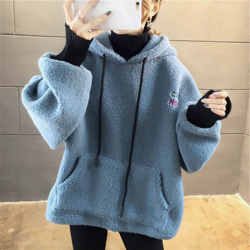 大码羊羔毛绒卫衣女装秋冬新款韩版宽松加绒加厚外套潮假两件