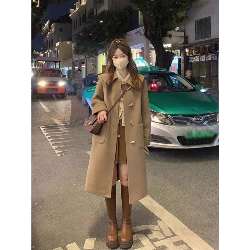 牛角扣日系翻领毛呢外套女冬季新款呢子大衣小个子加厚中长款