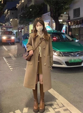 牛角扣日系翻领毛呢外套女冬季新款呢子大衣小个子加厚中长款