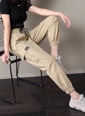 棉感工装裤女韩版学生休闲宽松高腰春秋新款百搭九分束脚哈伦裤子