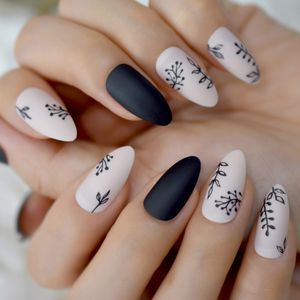 EchiQ Almond Press On Nails Black Ferns Pattern Matte Faux