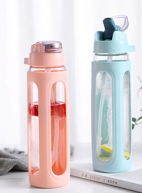 600ML 540ML Glass Water Bottle Straw With Plastic Protective