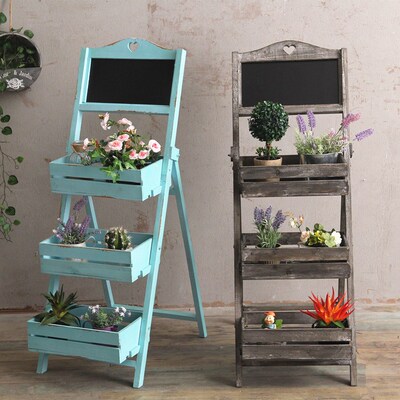 Wood Plants Stand Outdoor Indoor Ladder Shelf with Blackboar