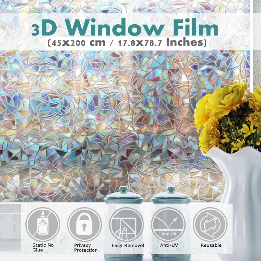 3D No Glue Static Window Film 45x200cm Privacy Window Rainbo