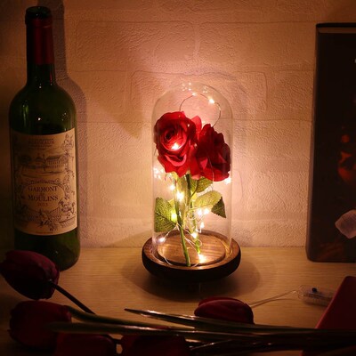 Gift For Girlfriend Hot Red Rose Flower In Glass Dome Woode