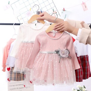 Spring Winter Baby Girls Dress 6M 4T Round Neck Mesh Stitch
