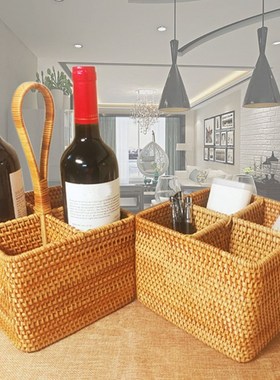 G6DA Square Hand Woven Storage Basket 4 Compartment Desktop