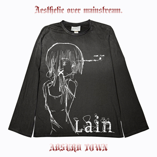 AT荒诞小镇 铃音lain二创黑色系亚文化音乐节穿搭前卫脏脏长袖Y2K