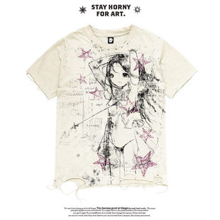 AT荒诞小镇 Y2K千禧风复古做旧亚文化短袖女暗黑系涂鸦印花T恤夏