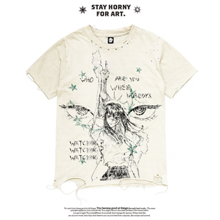 AT荒诞小镇 废土风亚文化涂鸦男女印花短袖夏季新款宽松破洞T恤