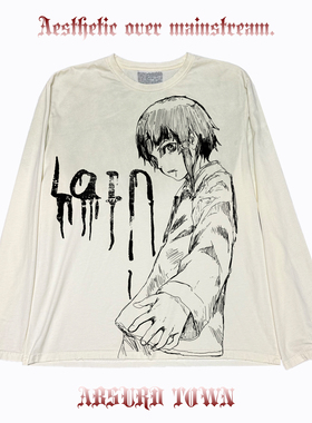 AT荒诞小镇 Lain铃音暗黑Y2K圆领脏脏长袖ins盐系穿搭PUNK叛逆tee