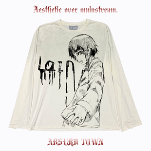 AT荒诞小镇 Lain铃音暗黑Y2K圆领脏脏长袖ins盐系穿搭PUNK叛逆tee