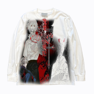 AT荒诞小镇 渚薰EVA二次元拼接黑红擦色长袖T恤小众前卫街拍穿搭