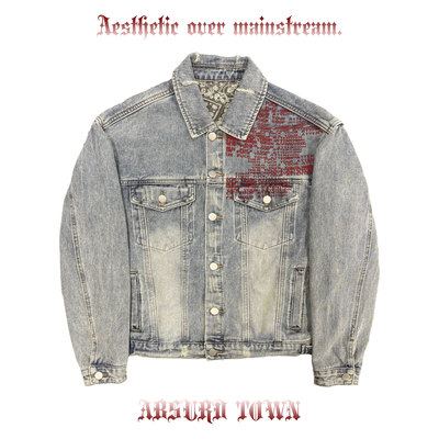 AT荒诞小镇 黑红线条画风叛逆前卫牛仔外套个性夸张千禧风穿搭Y2K