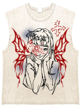AT荒诞小镇 伊藤润二黑红blackred涂鸦喷绘重磅做旧白水洗砍袖T恤