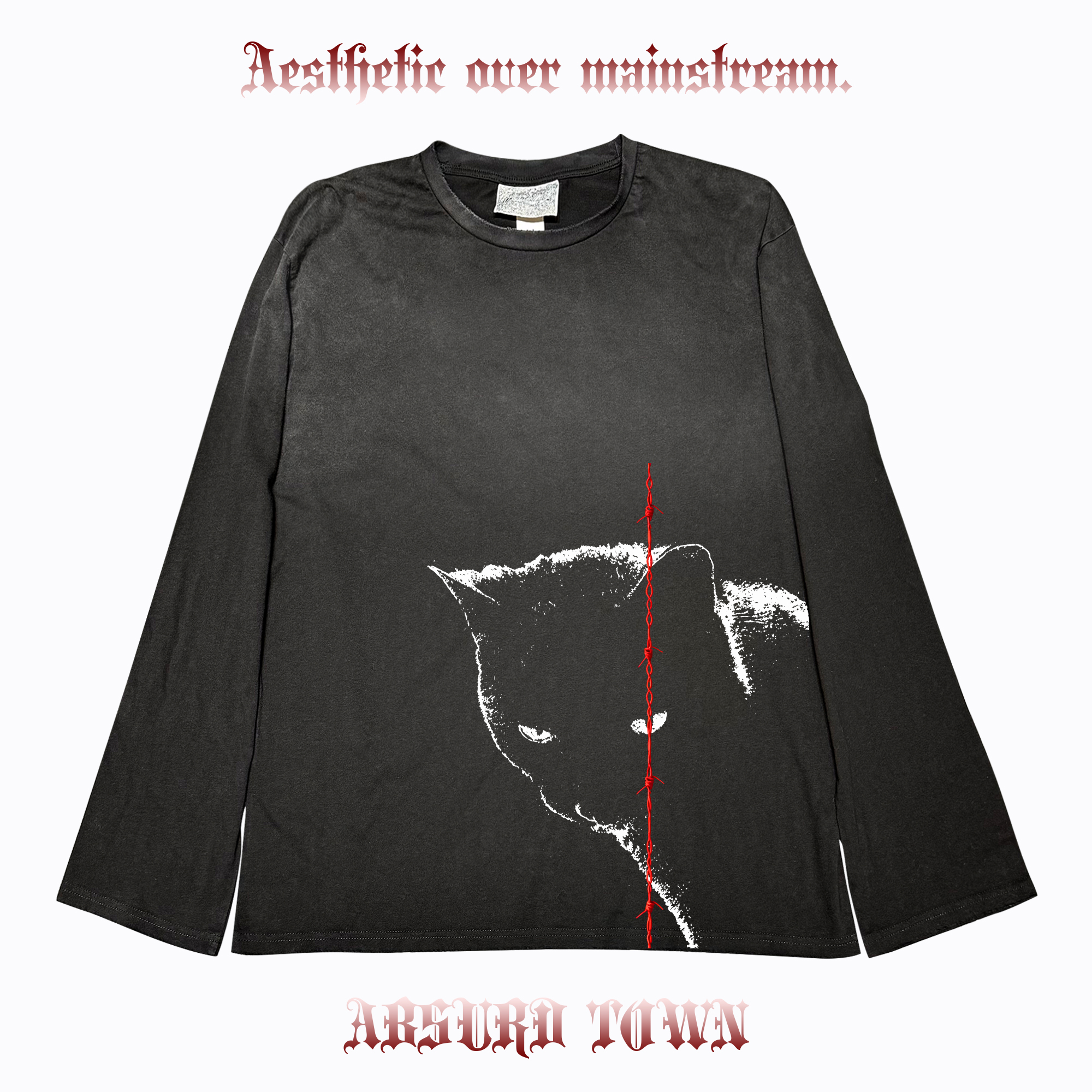 AT荒诞小镇摇滚猫暗黑潮流叛逆tee非主流简约黑红穿搭脏脏长袖Y2K