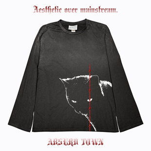 AT荒诞小镇摇滚猫暗黑潮流叛逆tee非主流简约黑红穿搭脏脏长袖Y2K