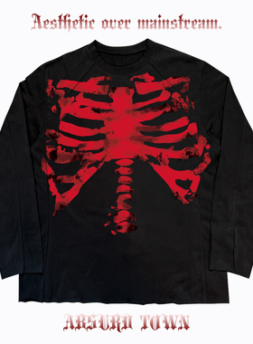 AT荒诞小镇 blackred黑红骷髅暗黑goth哥特Y2K涩谷机能风长袖T恤