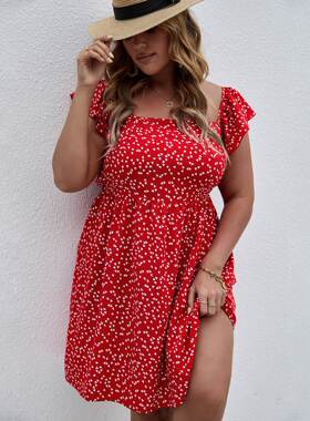 plus size dot print dresses 大码休闲圆点红色露背无袖连衣裙