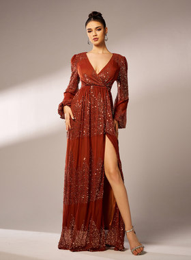 2024欧美高端气质性感长款亮片宴会晚礼服伴娘服连衣裙PartyDress