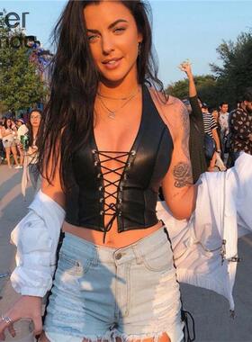 Y2K PU Leather Crop Top Womens Sleeveless Backless Camisole