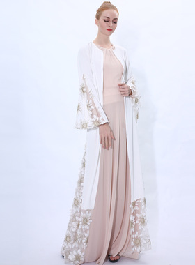 沙漠阿拉伯长袍白色披风网纱刺绣长袖连衣裙夏女印度开衫 Caftan