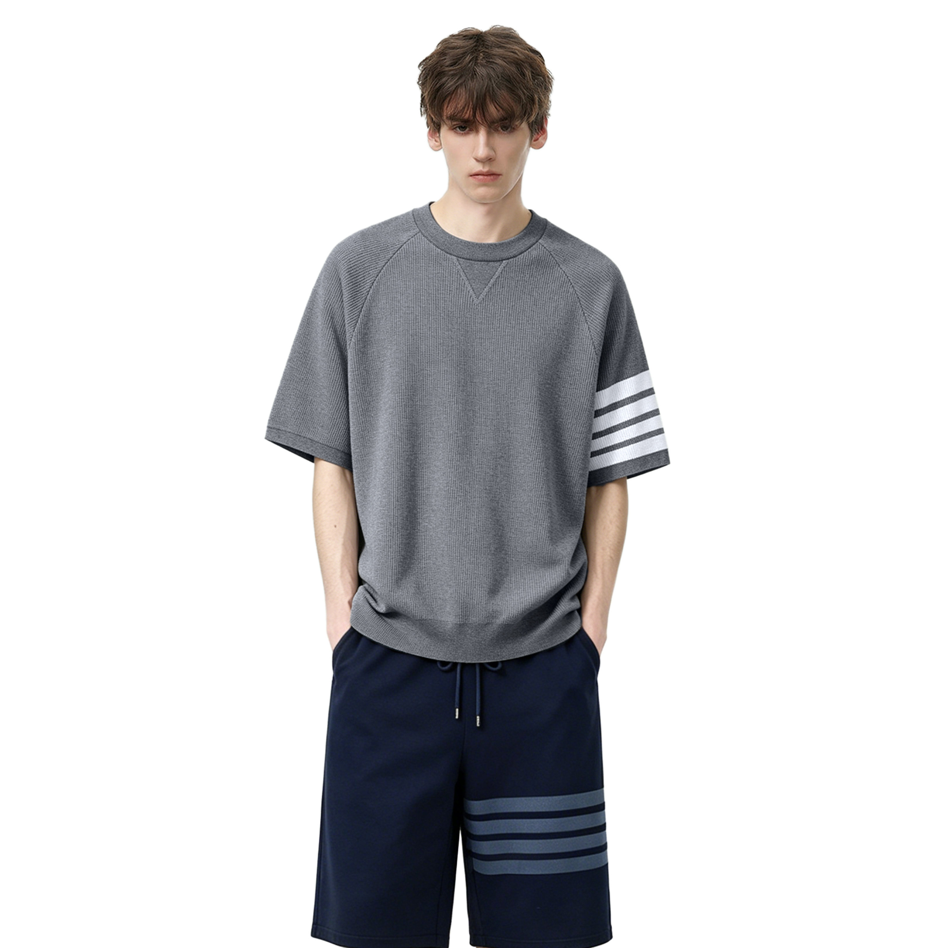 TB【官方正品】四道杠华夫格短袖tb男女同款学院风潮流休闲百搭