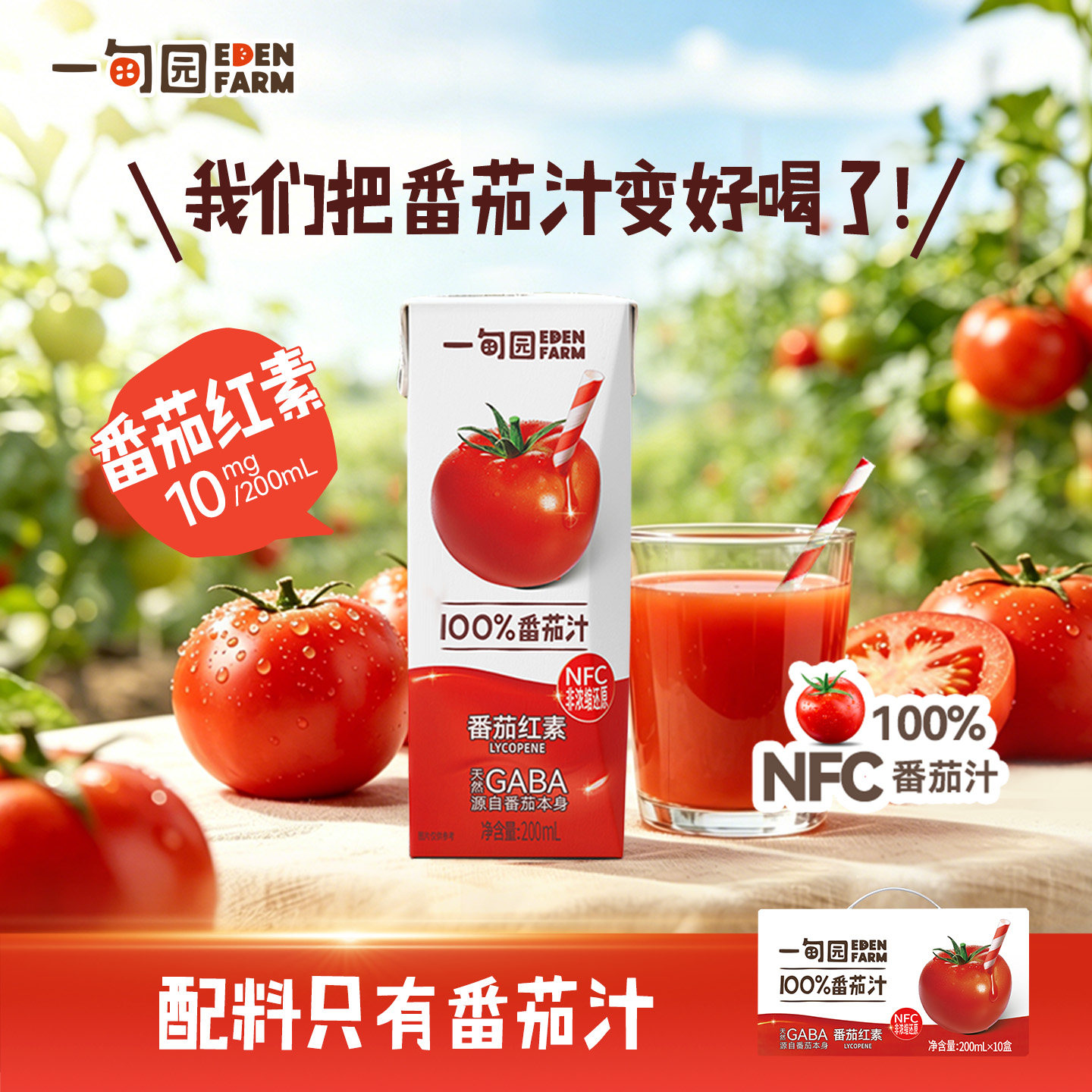 一甸园100%NFC番茄汁 非浓缩还原番茄红素纯蔬果汁饮料200mL*10盒