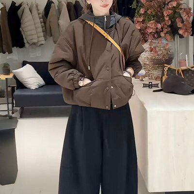 韩版假两件连帽夹棉加厚棉服女2025冬季新款宽松百搭保暖棉袄外套